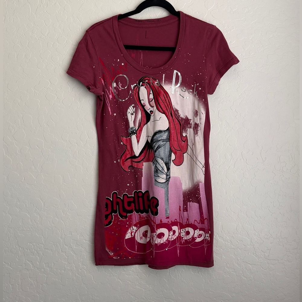 Christian Audigier Crystal Rock Women's Nightlife Short Sleeve Tee Red Large